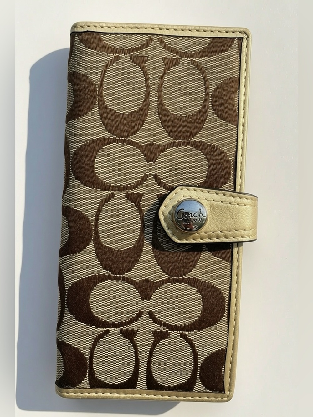 Vintage Coach Jacquard Wallet Quiet Luxury | Khaki Brown Canvas & Champagne Leat